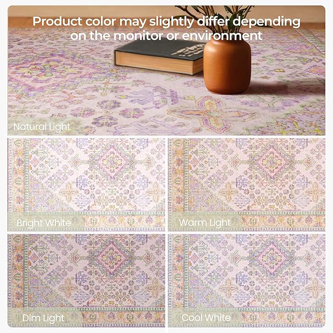Kokia 9x12 Area Rugs for Living Room, Stain Resistant Machine Washable Rug, Non Slip Backing Boho Rugs for Bedroom, Printed Soft Vintage Carpet Lilac Lavender Purple 9 x 12