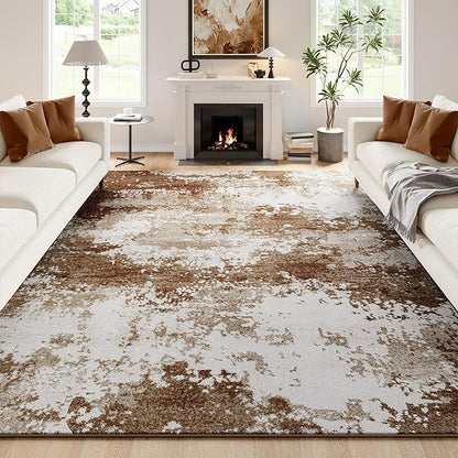 Brown Washable Rug 6x9 Area Rugs for Living Room Bedroom Carpet, Indoor Vintage Abstract Boho Large Rug Non Slip Faux Wool Rugs for Dorm, Dining Room Table, Nursery, Kids Playroom, Coffee