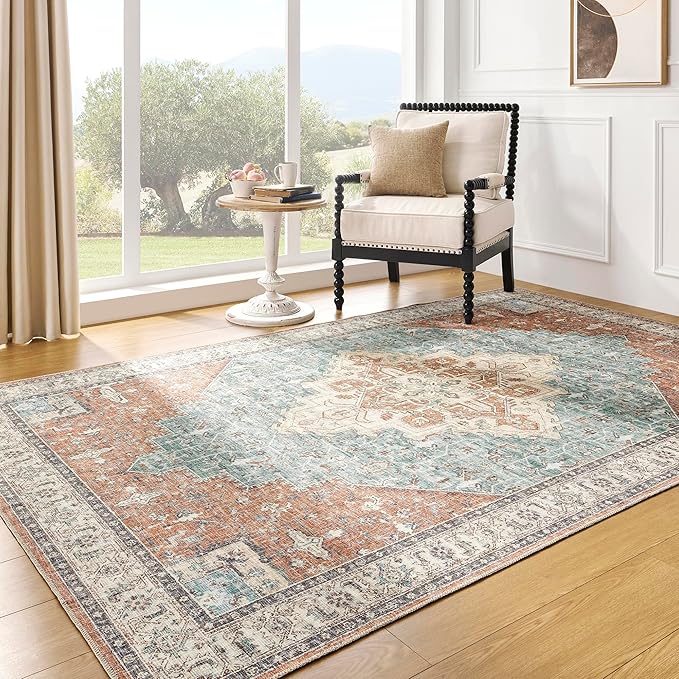 BILEEHOME Bohemian Rug 5x7 for Living Room Washable Machine Weave Mid Century Modern Bright Colors Dynamic Colorful 70s Funky Vintage Area Rugs,Terracotta Rust Burnt Orange and Turquoise Blue
