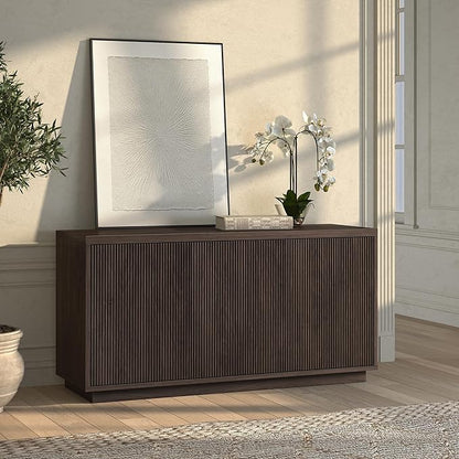 Henn&Hart Fluted TV Stand for TVs up to 55" with 3 Swing Out Ribbed Doors and Adjustable Shelves for Living Room, Family Room, or Office, Rich Brown