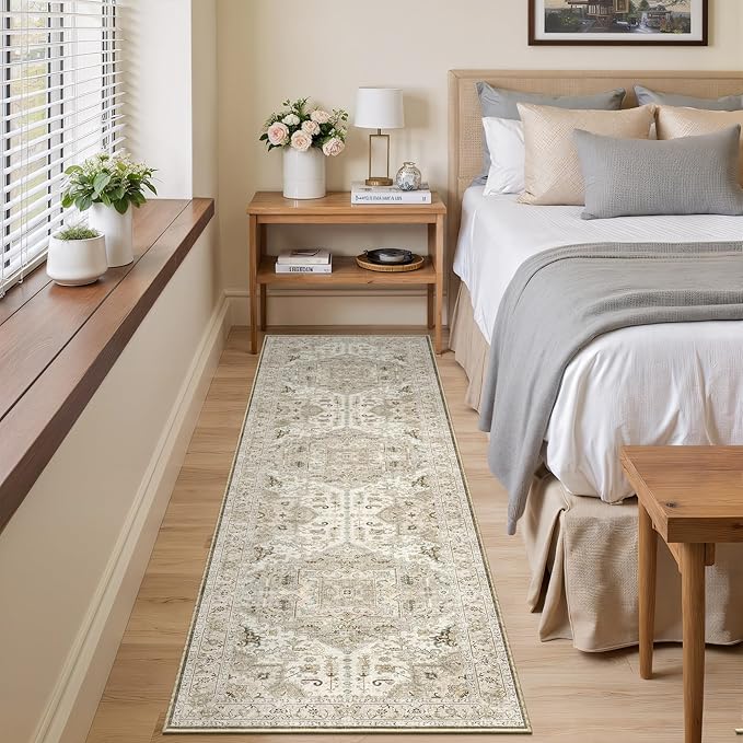 2x8 Washable Hallway Runner Rug - Kitchen Rugs with Non Slip Backing Vintage Soft Farmhouse Entryway Mat for Living Room Laundry Bedroom Bathroom Brown/Ivory