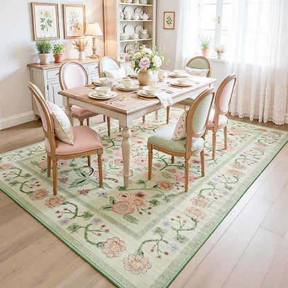 Maxsoft Large Area Rugs for Living Room Bedroom, 5x7 Washable Floral Area Rugs, Non-Slip and Stain Resistant Soft Throw Indoor Carpet for Dining Room Office Kitchen Dorm Home Decor, Green