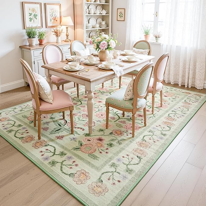 Maxsoft 8x10 Area Rugs for Living Room Bedroom, Floral Vintage Large Rug with Rubber Backing: Soft Non-Slip and Washable Low Pile Throw Carpet for Dining Room Kitchen Home Decor, Green