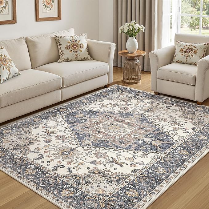 5x8 Washable Area Rugs for Living Room: Non Slip Vintage Beige Blue Rug, Large Soft Stain Resistant Indoor Floor Carpets for Bedroom Dining Room Nursery Home Office Kid & Pet Friendly