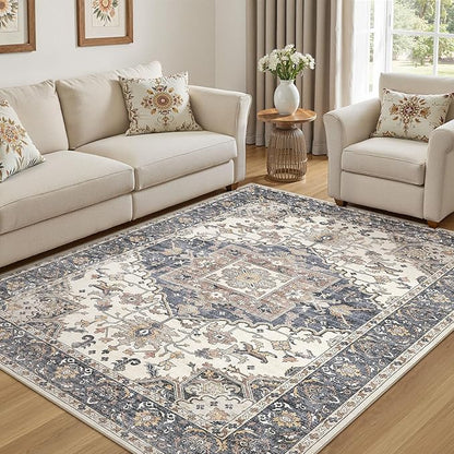 5x8 Washable Area Rugs for Living Room: Non Slip Vintage Beige Blue Rug, Large Soft Stain Resistant Indoor Floor Carpets for Bedroom Dining Room Nursery Home Office Kid & Pet Friendly