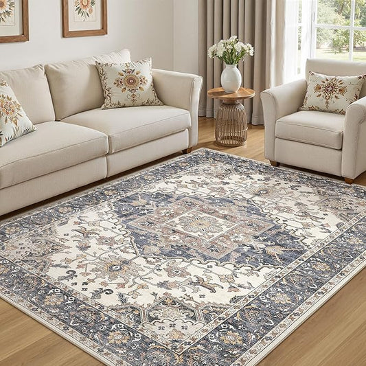 5x8 Washable Area Rugs for Living Room: Non Slip Vintage Beige Blue Rug, Large Soft Stain Resistant Indoor Floor Carpets for Bedroom Dining Room Nursery Home Office Kid & Pet Friendly