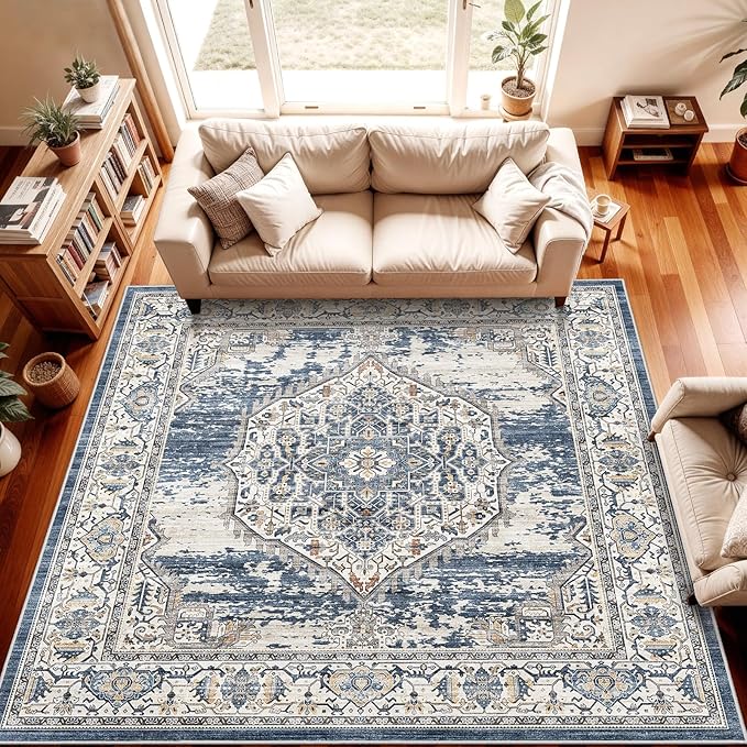 7x7 Area Rug Washable Living Room Rugs: 7ft Square Ultra Thin Soft Oriental Area Rugs Non-Slip Backing Farmhouse Rug Low Pile Thin Stain Resistant Indoor Carpets, 7' x 7' Blue