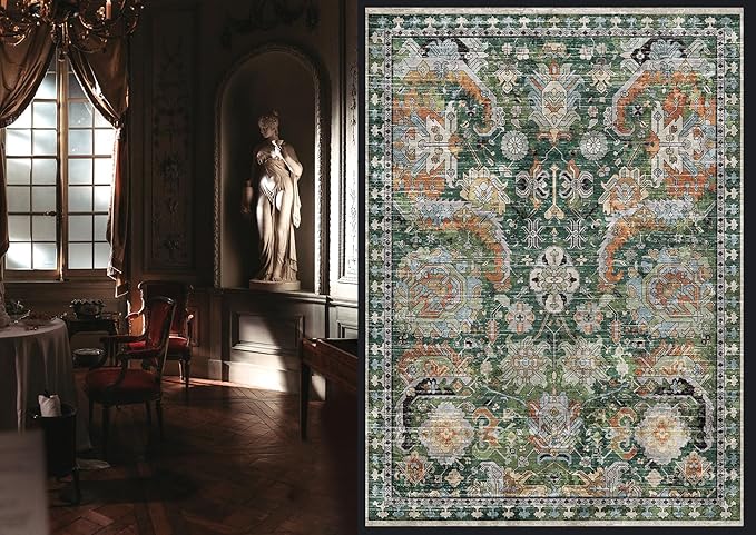 RUGSURE Washable Area Rugs - Perfect for Living Room, Bedroom, Kids Room, Nursery - Stain & Water Resistant Non-Slip, Pet & Child Friendly, Vintage Tribal Area Rugs (Green, 9' x 12')