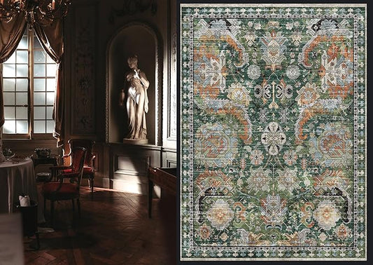 RUGSURE Washable Area Rugs - Perfect for Living Room, Bedroom, Kids Room, Nursery - Stain & Water Resistant Non-Slip, Pet & Child Friendly, Vintage Tribal Area Rugs (Green, 9' x 12')