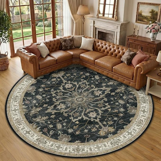 RELEANY Area Rugs Round 10ft Washable Non-Slip, Floral Vintage Distress Print Pattern Medallion Carpet for Living Room Bedroom Dining Room, Vintage Black Brown Neutral