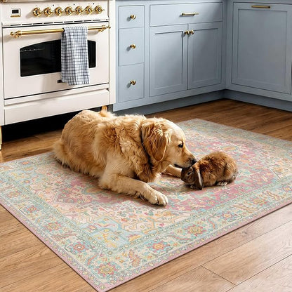 2x3 Washable Small Front Door Pink Orange with Vintage Orient Design, Soft Rug for Entryway or Kitchen, Non-Slip Low Pile Stain Resistance Features, Distressed Medallion Pattern