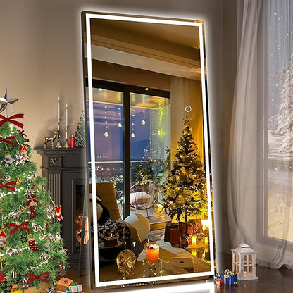 Hasipu Full Length Mirror with Lights, 79" x 36" LED Lighted Floor Standing, Full Body Dressing Hanging Mounted Mirror, Tempered Glass, Square Black