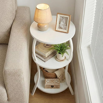 YEAKOO Vintage Small Round Side Table, 3-Tier Slim Waist Circular End Table with Storage Shelf, Compact Tea Sofa Table, Round Corner Coffee Table Nightstand for Living Room Bedroom Small Spaces,White