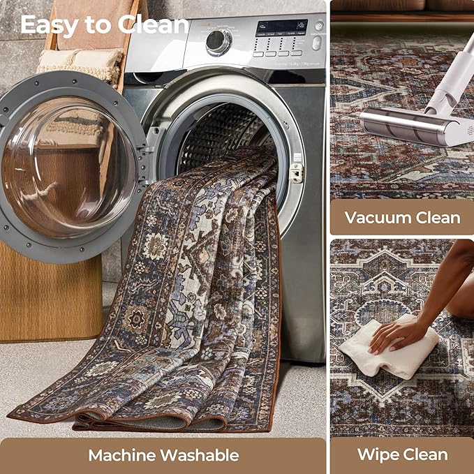 Kokia 10x14 Washable Area Rugs Maroon with Vintage Orient Design, Soft Rug for Living Room or Bedroom, Non-Slip Low Pile Stain Resistance Features, Distressed Medallion Pattern