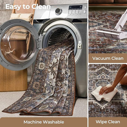 Kokia 10x14 Washable Area Rugs Maroon with Vintage Orient Design, Soft Rug for Living Room or Bedroom, Non-Slip Low Pile Stain Resistance Features, Distressed Medallion Pattern