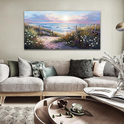 hyidecorart Large Wall Art For Living Room Canvas Wall Decor For Bedroom Blue Ocean Artwork Pictures Flower Beach Scenery Wall Painting Framed for Office Hotel Decor Modern Posters Home Decorations