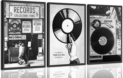 3Pcs Retro Music Poster Wall Art Fashion Black And White Photography Preppy Vinyl Record Store Painting Picture Wall Decor Bar Rock Music Lovers Print Artwork for Recording Studio Club Home Decoration