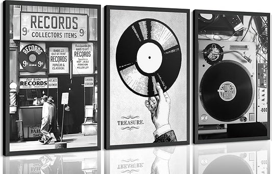 3Pcs Retro Music Poster Wall Art Fashion Black And White Photography Preppy Vinyl Record Store Painting Picture Wall Decor Bar Rock Music Lovers Print Artwork for Recording Studio Club Home Decoration