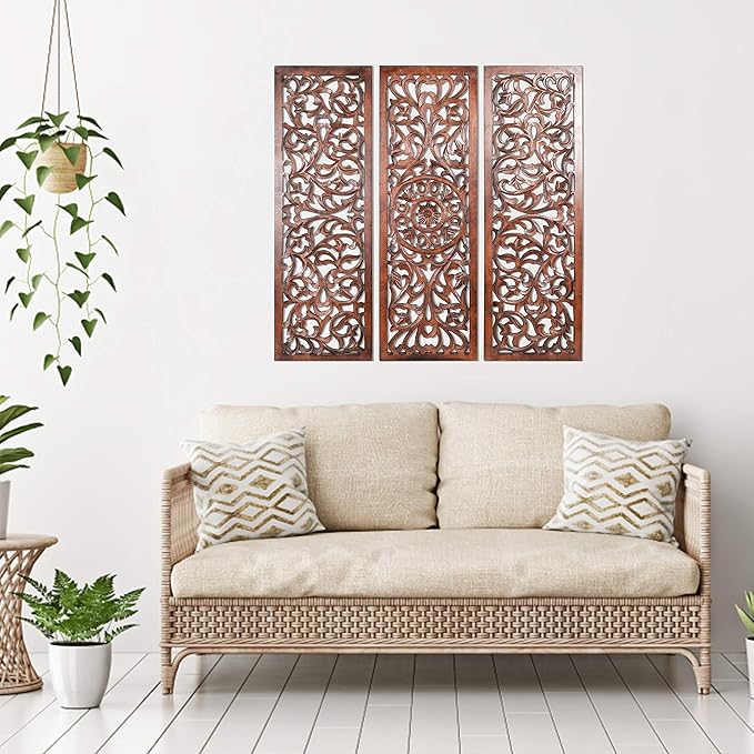 The Wooden Town Wall Hanging Plaques - Wall Plaque Wall Décor Plaques Set of 3-36 x 12 Inch - Burnt, Elegant Sculpture Wall Décor Panel to Enhance the Décor of Your Room or Office