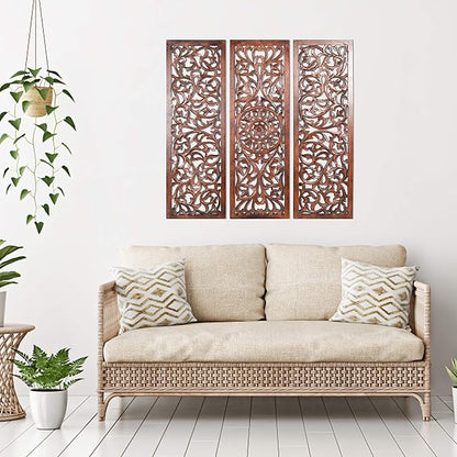 The Wooden Town Wall Hanging Plaques - Wall Plaque Wall Décor Plaques Set of 3-36 x 12 Inch - Burnt, Elegant Sculpture Wall Décor Panel to Enhance the Décor of Your Room or Office