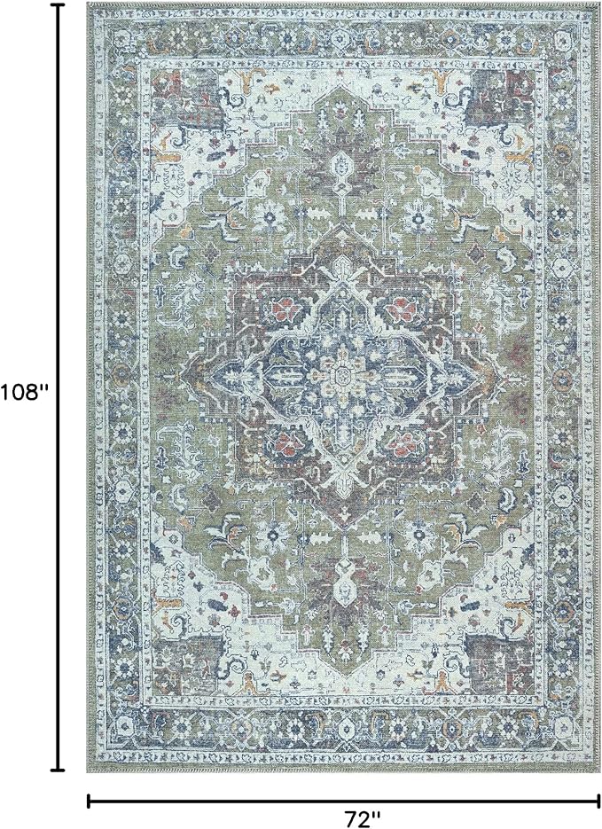 Bloom Rugs Washable Non-Slip 6' x 9' Rug - Green/Blue Traditional Medallion Area Rug for Living Room, Bedroom, Dining Room, and Kitchen - Exact Size: 6' x 9'