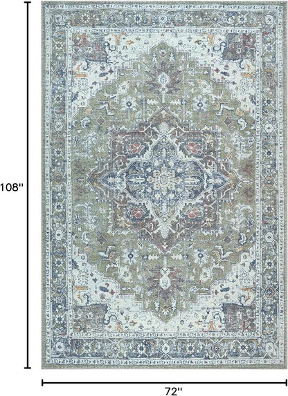 Bloom Rugs Washable Non-Slip 6' x 9' Rug - Green/Blue Traditional Medallion Area Rug for Living Room, Bedroom, Dining Room, and Kitchen - Exact Size: 6' x 9'