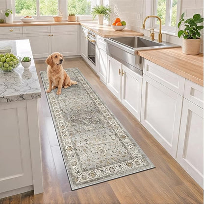 2.6x8 Washable Hallway Runner Rug - Kitchen Rugs with Non Slip Backing Vintage Soft Farmhouse Entryway Mat for Living Room Laundry Bedroom Bathroom Ivory/Grey