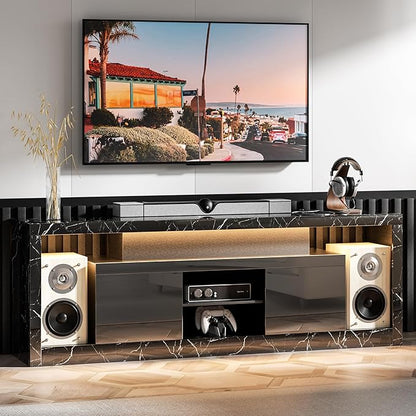 70 Inch TV Stand with LED Lights & Power Outlet, Modern Entertainment Center with Color-Changing RGB LED Strip, Sound Sync, App/Remote Control, High Gloss Black Marble Media Console for Living Room