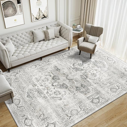 Washable 9x12 Area Rug - Large Ultra-Thin Rugs for Living Room Stain Resistant Non Slip Area Rugs for Bedroom Vintage Home Decor Indoor Floor Mat (Ivory/Gray,9'x12')