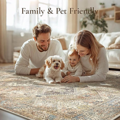GENIMO 9x12 Area Rugs for Living Room, Machine Washable Non Slip Vintage Rugs, Low Pile Lightweight Print Rug for Bedroom, Dining Room, Home Office, Warm Brown