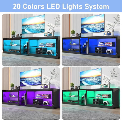 Vinctik 6&Fox 80in High Gloss LED TV Stands w/Power Outlet,60,000-Colors Lighting for 80 85 90inch TV,Modern Black LED Entertainment Center w/Adjustable Glass Shelves for Living Room
