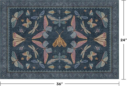 Dark Blue 2x3 Small Rugs for Bathroom Non Slip, Washable Vintage Boho Insect Rug for Kitchen Floor, Entryway Indoor, Powder Room, House Decor Aesthetic, Low Pile Non Slip Carpet