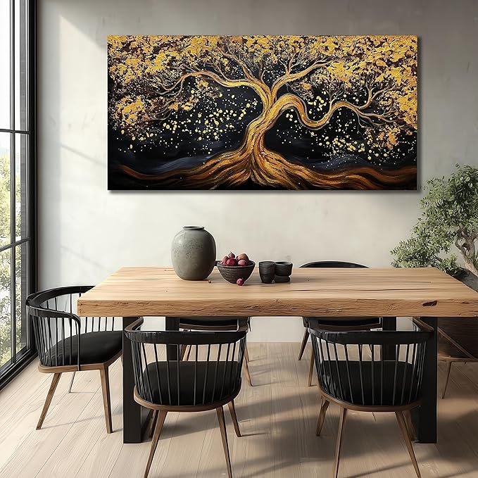 JKWALL77 Tree Of Life Hand Painting Wall Decor For Living Room Black And Gold Wall Decor For Office Tree Huge Canvas Wall Art For Bedroom Size 36 x 72 Inch