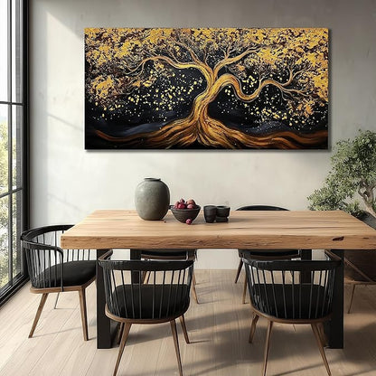 JKWALL77 Tree Of Life Hand Painting Wall Decor For Living Room Black And Gold Wall Decor For Office Tree Huge Canvas Wall Art For Bedroom Size 36 x 72 Inch