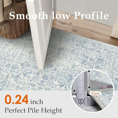 PureCozy Blue Area Rug 3x4 Office Entryway Rug Machine Washable Kitchen Vintage Distressed Non Slip Carpet Indoor Retro Floral Accent Throw Door Mat for Bathroom Bedroom Dining Living Room