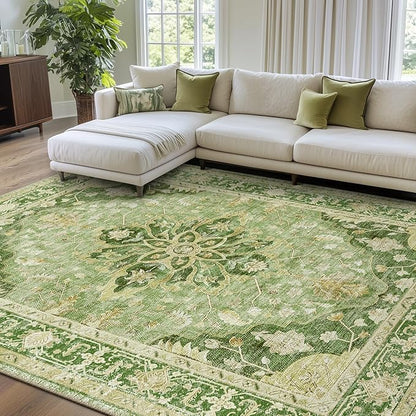 RELEANY Area Rugs 7'x10' Washable Non-Slip, Floral Vintage Distress Print Pattern Medallion Carpet for Living Room Bedroom Dining Room, Sage Green Yellow