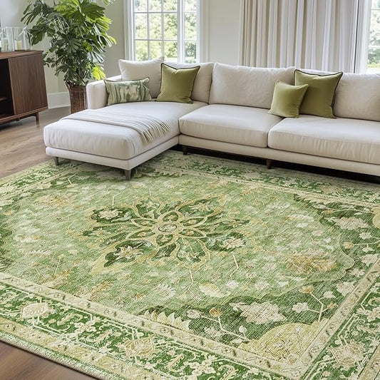 RELEANY Area Rugs 9'x12' Washable Non-Slip, Floral Vintage Distress Print Pattern Medallion Carpet for Living Room Bedroom Dining Room, Sage Green Yellow