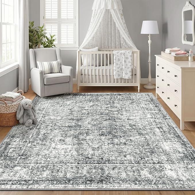 CAPALOCA Machine Washable Rugs Nursery Rug Sq8ft Cute Girl Non Slip Low Pile Water Repellent Soft Print Pattern for Bedroom Indoor Decor Kids Playroom Grey
