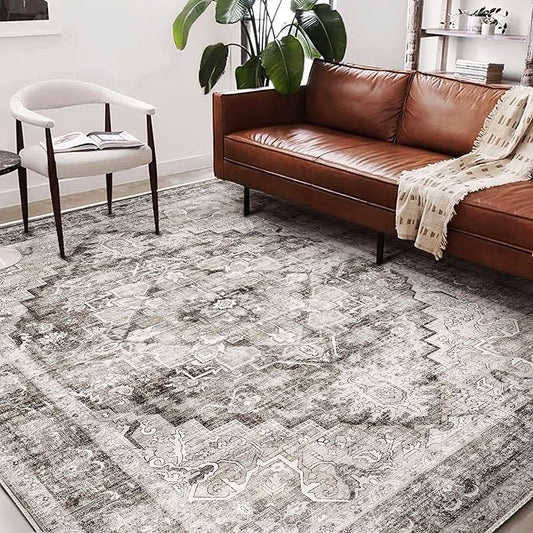 CHAMPLANT Washable Area Rug 10'x14' Deep Khaki Retro Flowers Boho Design Non-Shedding Easy Care Ideal for High Traffic Areas in Living Room Bedroom Office Coffee Table Kitchen Large Carpet