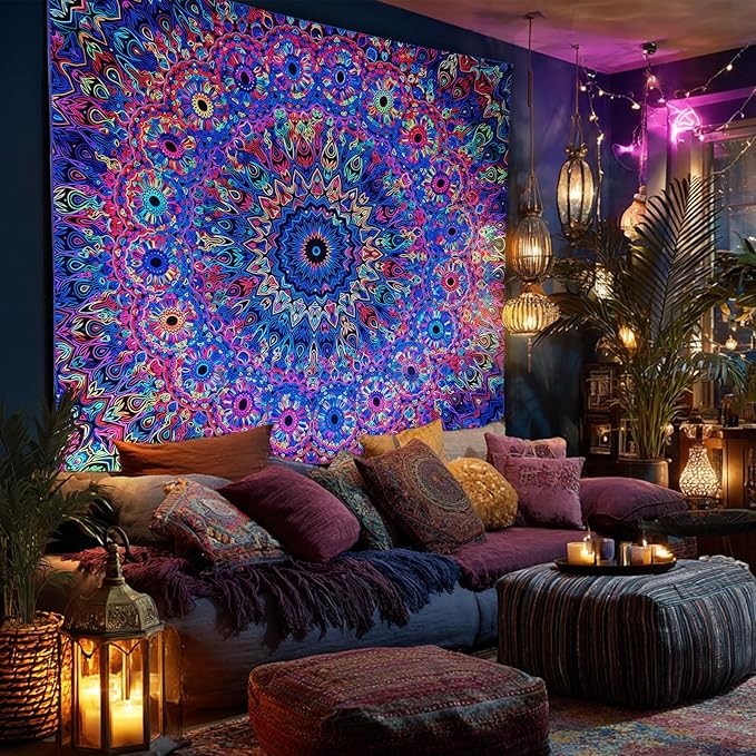 PRRPRR Blacklight Mandala Tapestry for Bedroom, UV Reactive Trippy Wal Tapestries, Bohemian Aesthetic Wall Art Decor for Adults Teens and Hippies (Mandala, 90"x70")