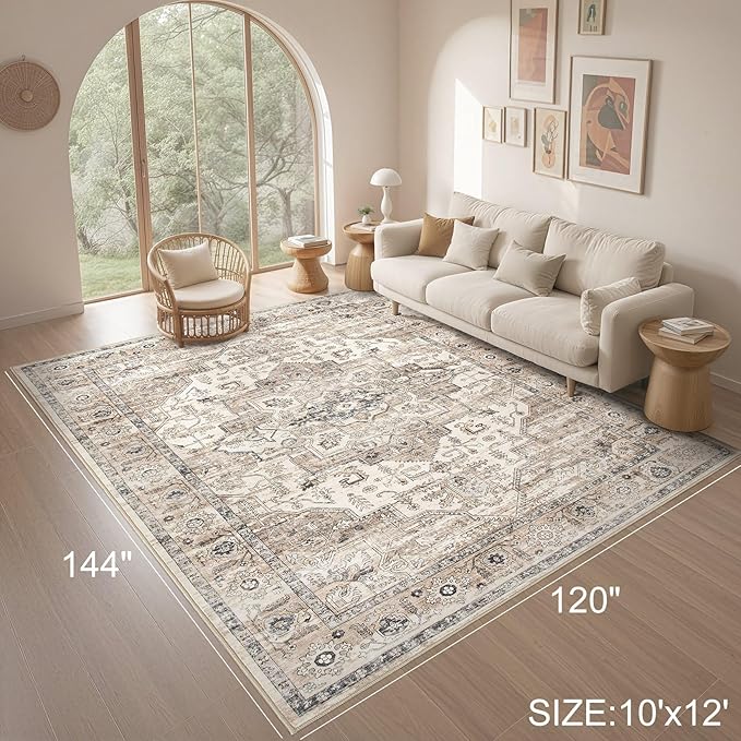 Area Rug 10x12 Washable Vintage - Soft Traditional Rugs for Living Room Large Non Slip Backing with Low Pile Farmhouse Oriental Retro Carpet for Bedroom Dining Room or Home Office - Tea Brown