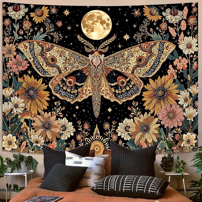 Leeisysme Hippie Moth Butterfly Moon Tapestry, Aesthetic Witchy Floral Moth Wall Art for Living Room Bedroom Home Decor, 44x60 inches