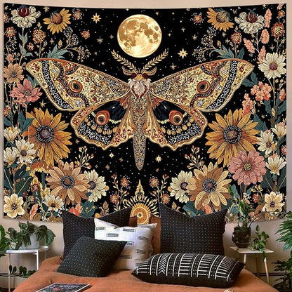 Leeisysme Hippie Boho Butterfly Moon Tapestry, Aesthetic Witchy Floral Moth Wall Art for Living Room Bedroom Home Decor, 36x48 inches