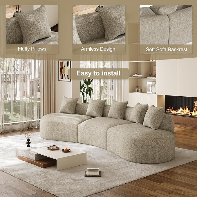 134" Oversized Sectional Sofa for Living Room, Modern Luxury Plush Chenille 4-Seater Extra Deep & Wide Seat Curved Cloud Couch with 5 Throw Pillows, No Assembly Needed, Light Brown