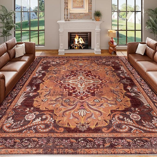 RUSHUFFY 8x10 Washable Rug for Living Room, Non-Slip Large Boho Vintage Print Pattern Carpet for Bedroom Dorm Dining Room Farmhouse Nursery Home Office, Orange & Red