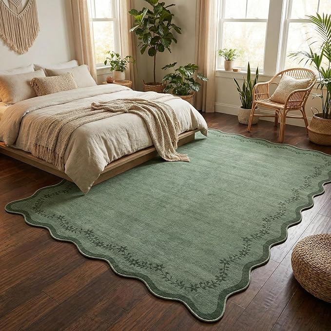 GarveeHome Scalloped Area Rugs 8x10 for Living Room, Dark Green Large Washable Rug Soft Non Slip Backing Floor Mat Carpet Indoor Thin Rug for Bedroom Dining Room Playroom Nursery Home Decor
