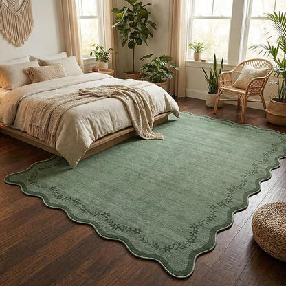 GarveeHome Scalloped Area Rugs 8x10 for Living Room, Dark Green Large Washable Rug Soft Non Slip Backing Floor Mat Carpet Indoor Thin Rug for Bedroom Dining Room Playroom Nursery Home Decor