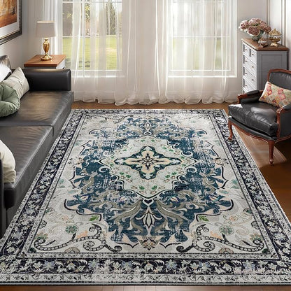 RUSHUFFY 5x7 Washable Area Rugs for Bedroom, Vintage Boho Distressed Print Pattern Rugs for Living Room, Soft Non-Slip Carpet for Indoor Dining Room Nursery Farmhouse Girls Room, Slate Blue & Beige