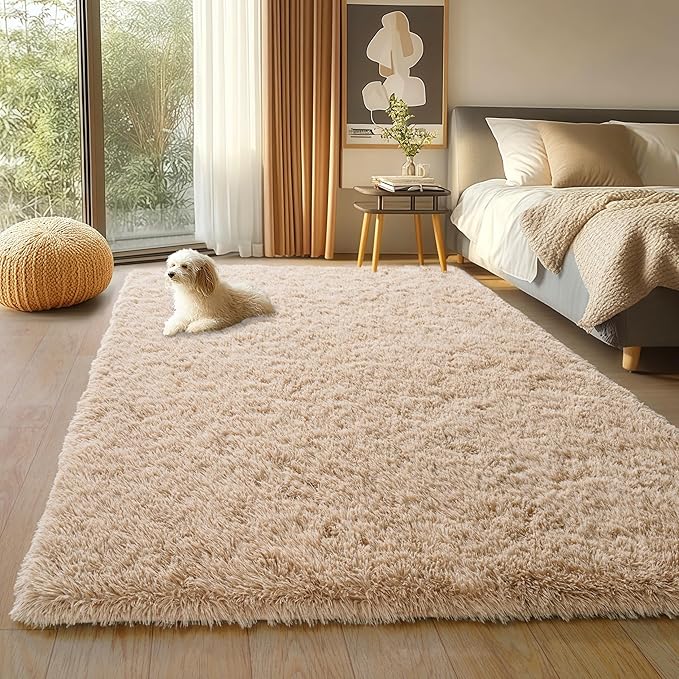 Beige Fluffy Rug for Bedroom, 4x5.9 Feet Neutral Shag Area Rugs for Living Room and Nursery, Soft and Comfy, Fuzzy Carpet for Kids Boys Girls Room Dorm Home Decor Aesthetic, Upgrade Non Slip