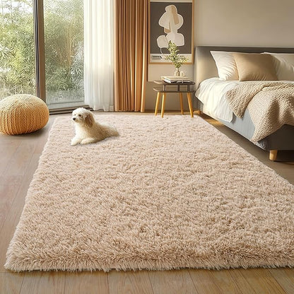 Beige Fluffy Rug for Bedroom, 4x5.9 Feet Neutral Shag Area Rugs for Living Room and Nursery, Soft and Comfy, Fuzzy Carpet for Kids Boys Girls Room Dorm Home Decor Aesthetic, Upgrade Non Slip